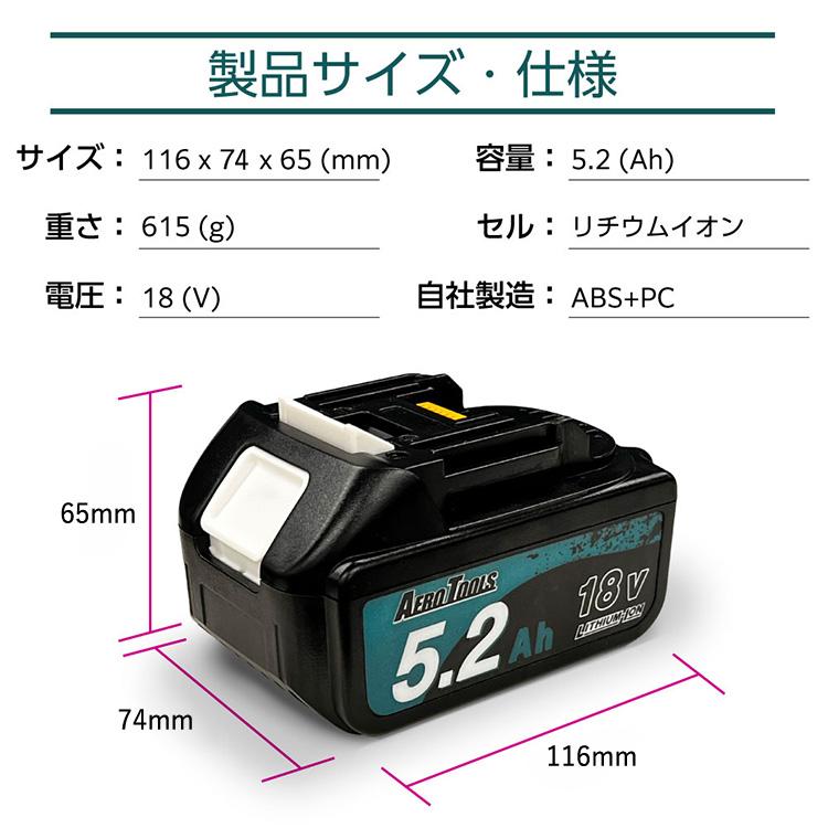 パワフルバッテリー 長持ちバッテリー 過放電防止機能 残量インジケーター 急速充電 実容量5200mAh AERO TOOLS 電動工具用バッテリー 18V 5.2Ah AERO TOOLS |  | 07