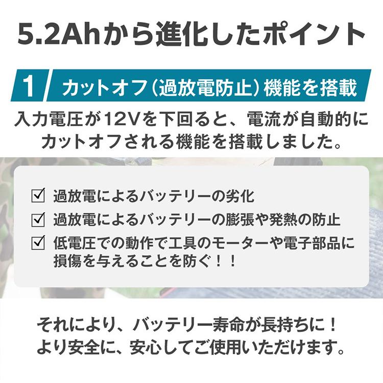 パワフルバッテリー 長持ちバッテリー 過放電防止機能 残量インジケーター 急速充電 実容量5200mAh AERO TOOLS マキタ互換バッテリー5.2Ah Plus AERO TOOLS |  | 02