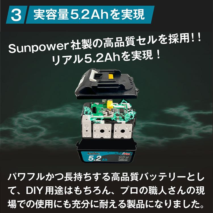 パワフルバッテリー 長持ちバッテリー 過放電防止機能 残量インジケーター 急速充電 実容量5200mAh AERO TOOLS マキタ互換バッテリー5.2Ah Plus AERO TOOLS |  | 05