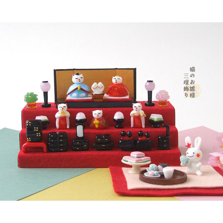 ガラス細工 猫 三人官女 桃の節句 和雑貨 コンパクトお雛様 猫・三人官