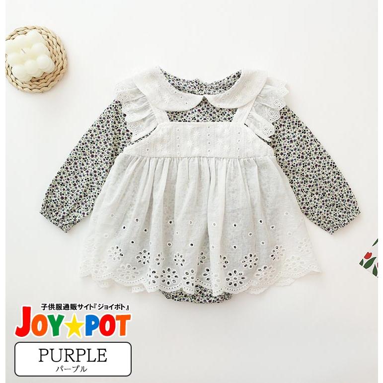 ベビーロンパース 花柄 エプロン フリル 女の子 60 70 80 90 長袖 カバーオール 秋冬 春 新生児 1歳 2歳 誕生日 | キッズ | 06