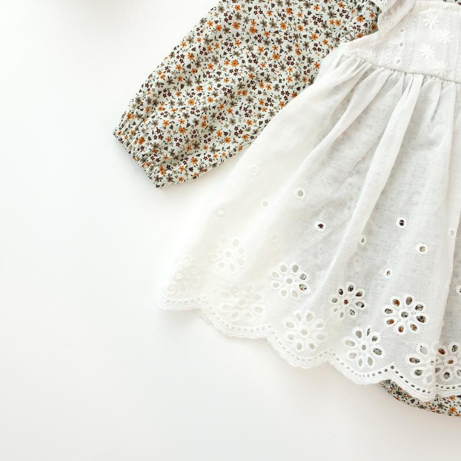 ベビーロンパース 花柄 エプロン フリル 女の子 60 70 80 90 長袖 カバーオール 秋冬 春 新生児 1歳 2歳 誕生日 | キッズ | 09