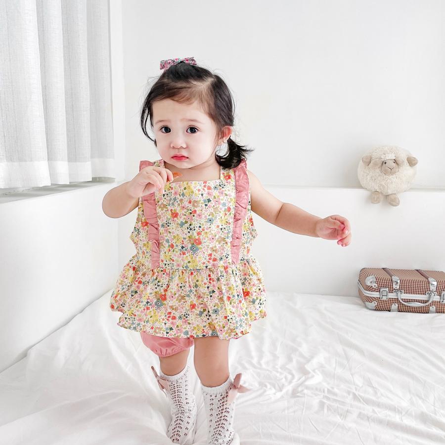 キッズ ベビー 服 セットアップ ノースリーブ 肩フリル 花柄 夏 1歳 2