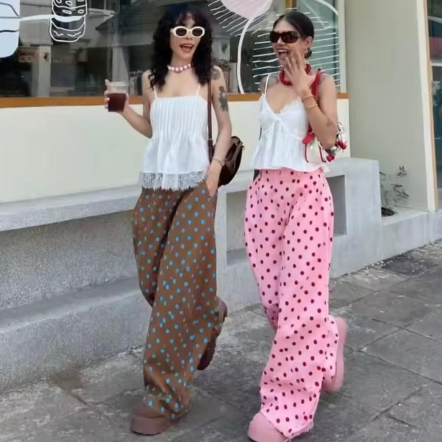 ドット柄 水玉 デニム パンツ バレル ジーンズ 韓国 ストリート Y2K