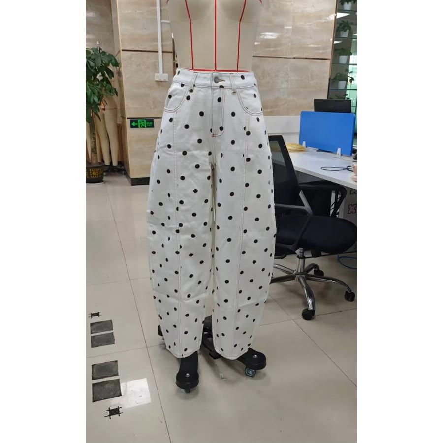 #26102 ハルソラタン　綿100% 水玉プリント　バレルパンツ　【LーLL】 ドット柄 水玉 デニム パンツ バレル ジーンズ 韓国 ストリート Y2K