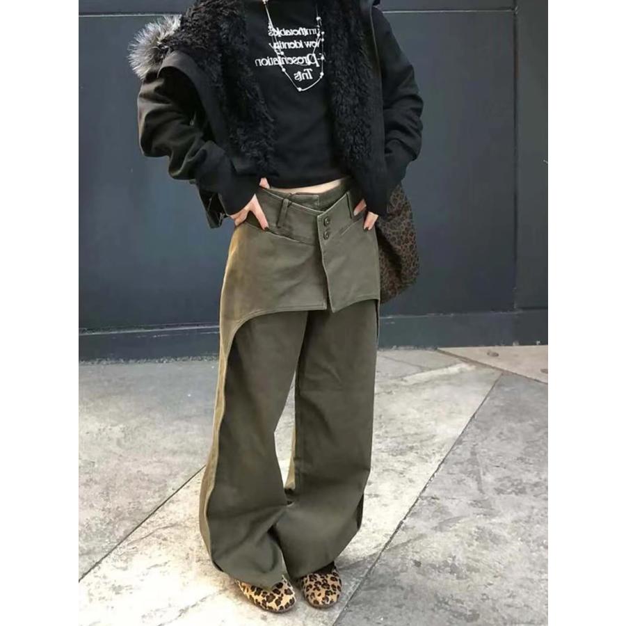 レイヤード 重ね着風 ワーク パンツ カーキ 変形 アシメ 韓国
