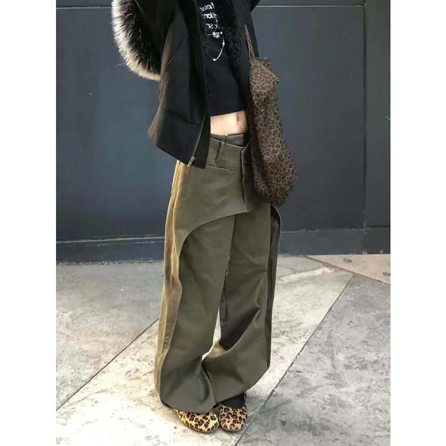 レイヤード 重ね着風 ワーク パンツ カーキ 変形 アシメ 韓国