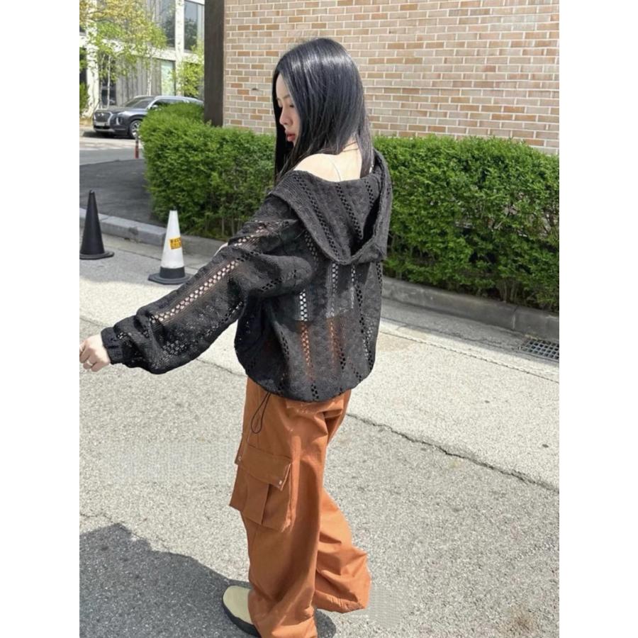 メッシュ サマーニット かぎ編み レース ジップアップ パーカー
