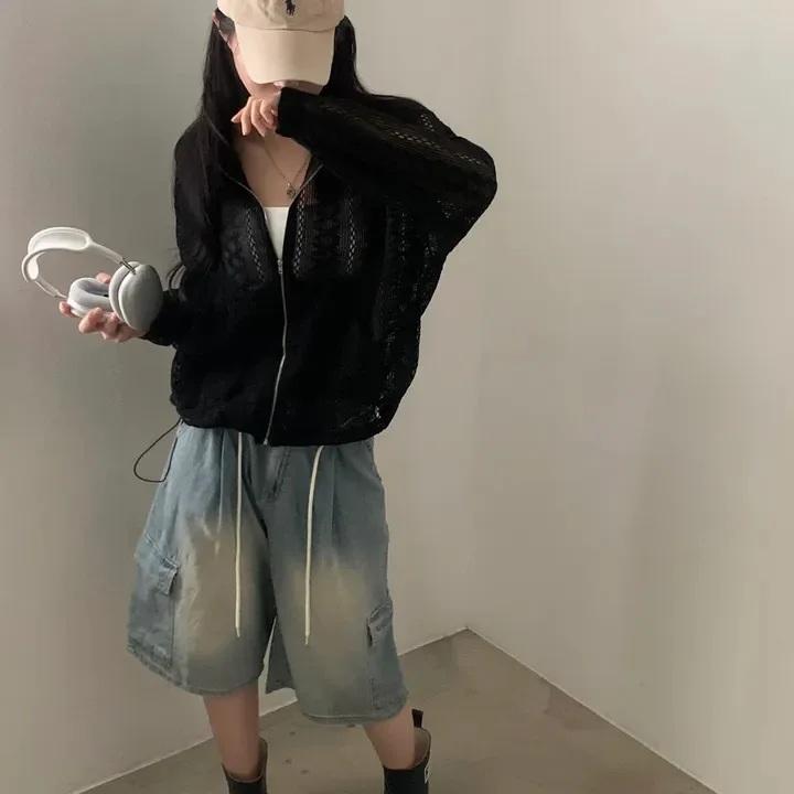 メッシュ サマーニット かぎ編み レース ジップアップ パーカー