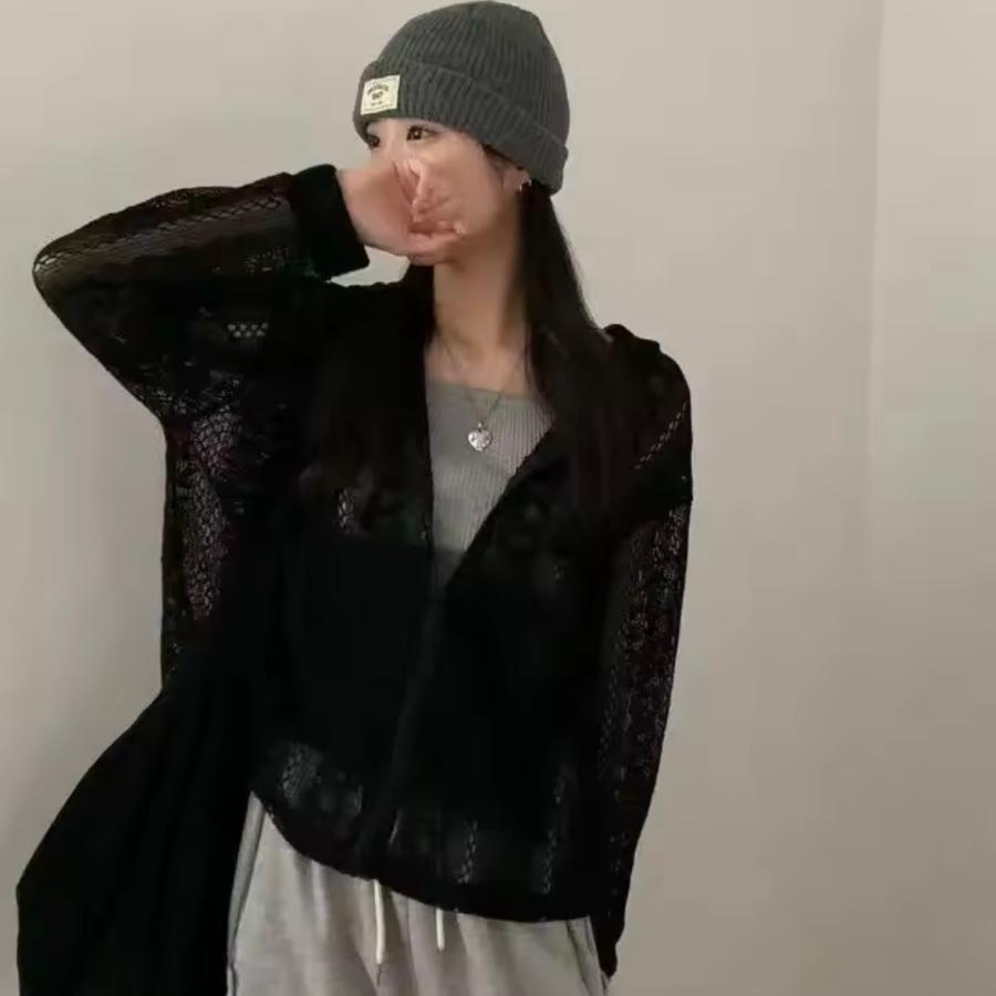 メッシュ サマーニット かぎ編み レース ジップアップ パーカー