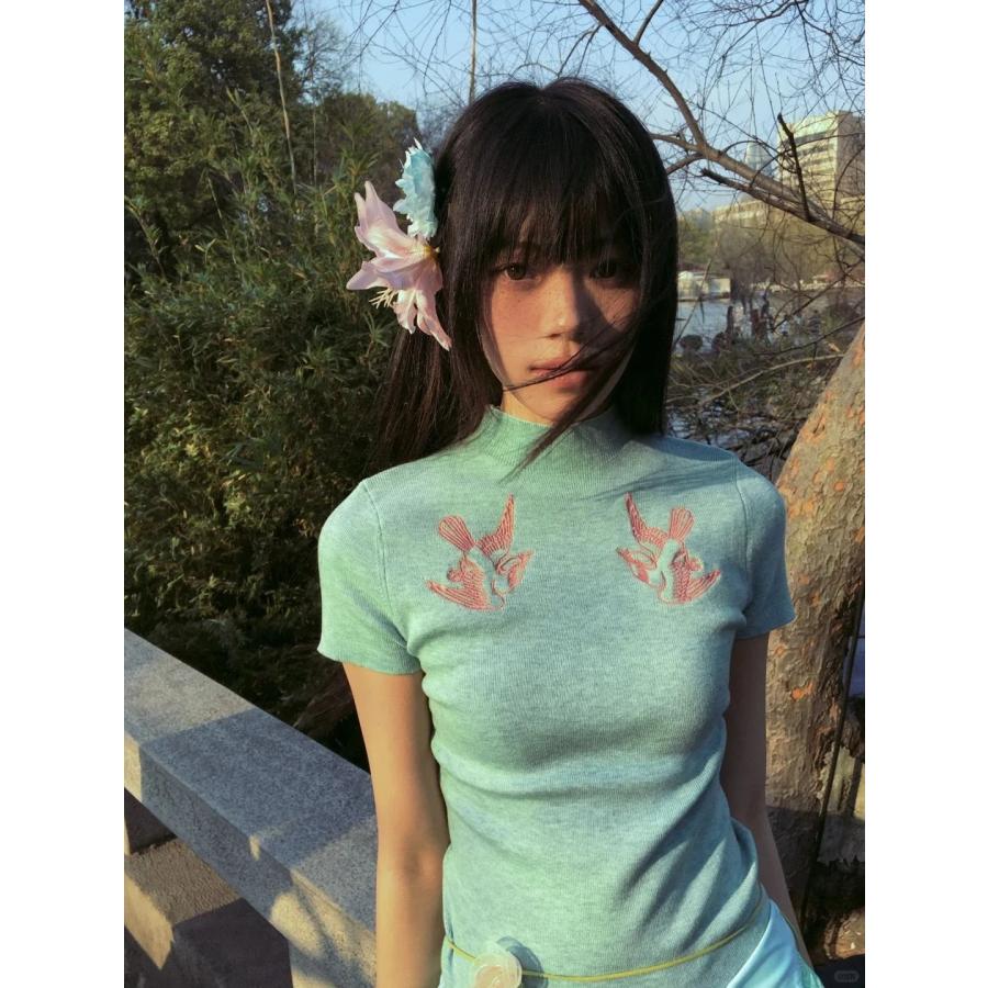 サマーニット 半袖 刺繍 ミントグリーン チャイナ風 モックネック
