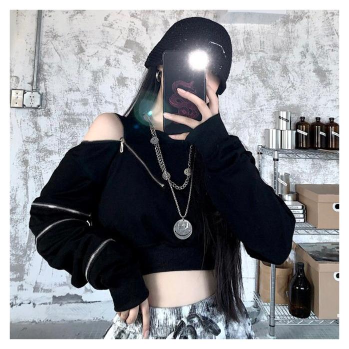 オフショル トレーナー ショート丈 韓国 ストリート モード系