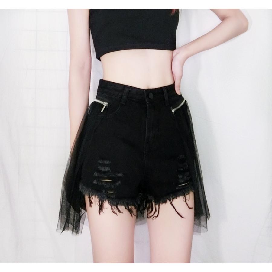 チュール スカート ダメージ デニム ショート パンツ 韓国 ストリート