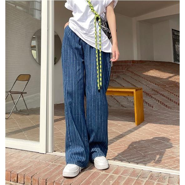 ストライプ柄 デニム パンツ ワイド ジーンズ 韓国 レディース ストライプ柄 デニム パンツ ワイド ジーンズ 韓国 レディース