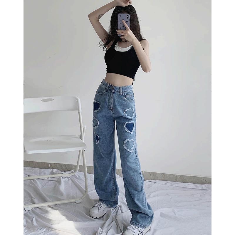 ハート柄 デニム パンツ ジーンズ 韓国 レディース ファッション 