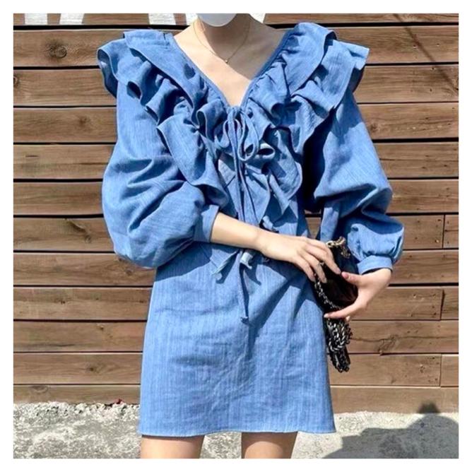 デニム ワンピース フリル 韓国 オルチャン Vネック ストリート K Pop 可愛い ミニ ショート丈 長袖 原宿系 V系 チュニック 5j 319 5j 319 Joyboxストリートショップ 通販 Yahoo ショッピング