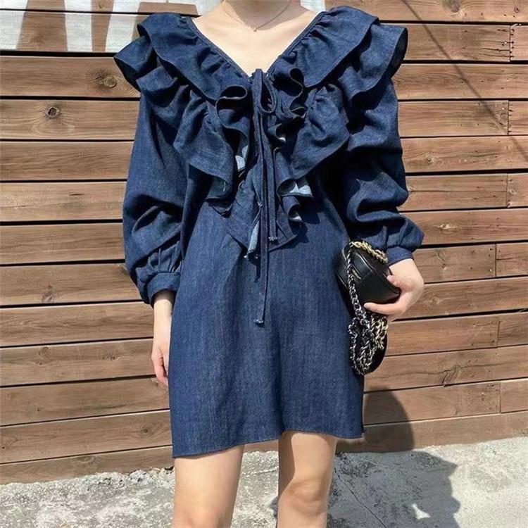 デニム ワンピース フリル 韓国 オルチャン Vネック ストリート K Pop 可愛い ミニ ショート丈 長袖 原宿系 V系 チュニック 5j 319 5j 319 Joyboxストリートショップ 通販 Yahoo ショッピング
