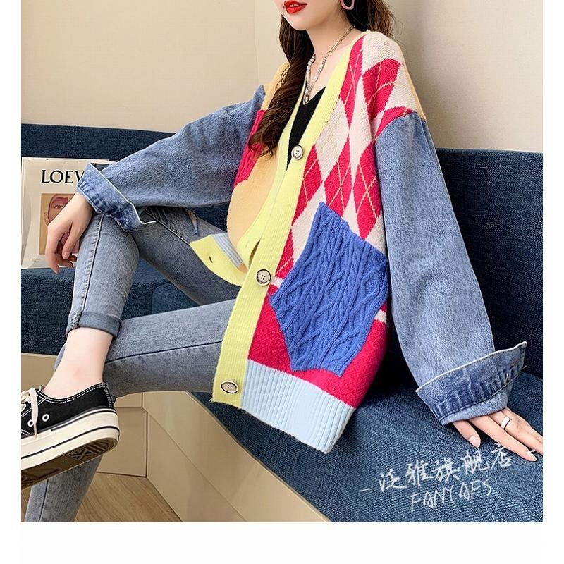 重ね着風 アーガイル柄 デニム ニット カーディガン ジャケット Gジャン 韓国 オルチャン ストリート 原宿系 ガーリー Y2k ダンス 衣装 レディース 5j 3 5j 3 Joyboxストリートショップ 通販 Yahoo ショッピング