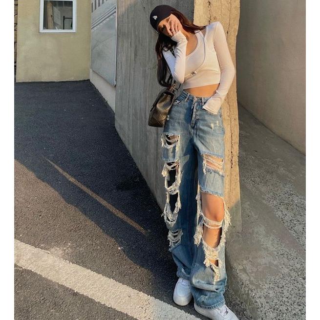 クラッシュ ダメージ デニム パンツ ジーンズ 韓国 ストリート Y2K K