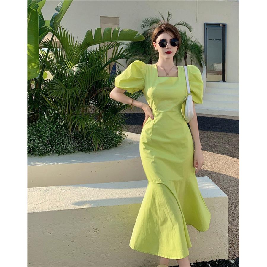 ボリューム袖 フレア フリル マーメイド 半袖 ロング ワンピース ドレス 韓国 ストリート Y2K ギャル KPOP レディース 5OP