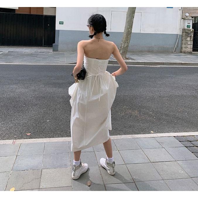 ベアトップ バルーン ボリューム ロング ワンピース 韓国 オルチャン ストリート ドレス ボタン 白 無地 スリット 原宿系 レディース 5op 45 5op 45 Joyboxストリートショップ 通販 Yahoo ショッピング