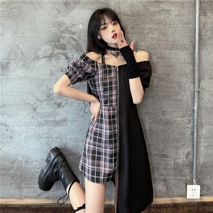 オフショル チェック ワンピース 韓国 ストリート オルチャン K Pop V系 Hiphop 変形 切替 半袖 配色 バイカラー パフスリーブ 5op 48 メール便ok 5op 48 Joyboxストリートショップ 通販 Yahoo ショッピング