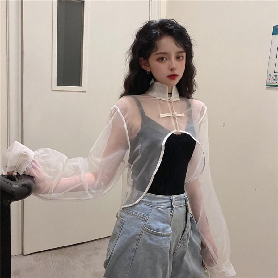ショート丈 チャイナ シャツ 韓国 シースルー ストリート K Pop Hiphop カンフー V系 原宿系 ダンス 衣装 オルチャン 長袖 トップス 5t 121 メール便ok 5t 121 Joyboxストリートショップ 通販 Yahoo ショッピング