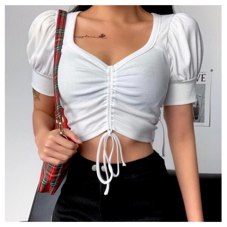 ショート丈 シャーリング Tシャツ 韓国 ストリート ダンス 衣装 K Pop Hiphop Vネック オルチャン リブ パフスリーブ 半袖 トップス 5t 37 メール便ok 5t 37 Joyboxストリートショップ 通販 Yahoo ショッピング