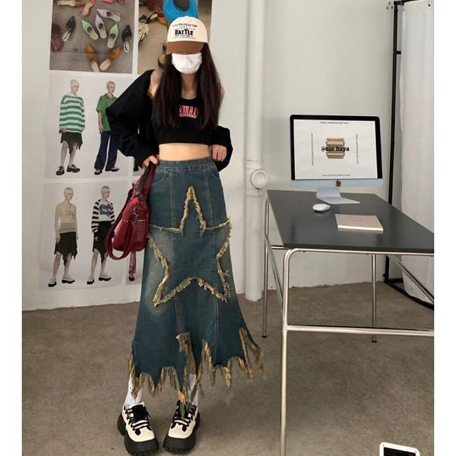 デニムパッチワークロングスカート　ギャル　y2k グランジ　フェアリー　パンク 星柄 デニム ロング スカート フリンジ ダメージ 韓国 Y2K ストリート