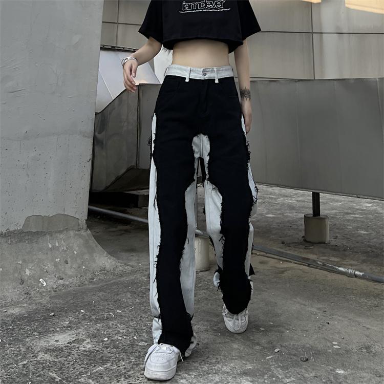 リメイク風 デニム パンツ ジーンズ 切替 韓国 レディース リメイク風 デニム パンツ ジーンズ 切替 韓国 レディース