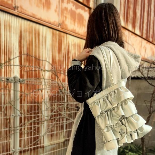 トート ショルダー バッグ ティアード フリル シルバー 韓国