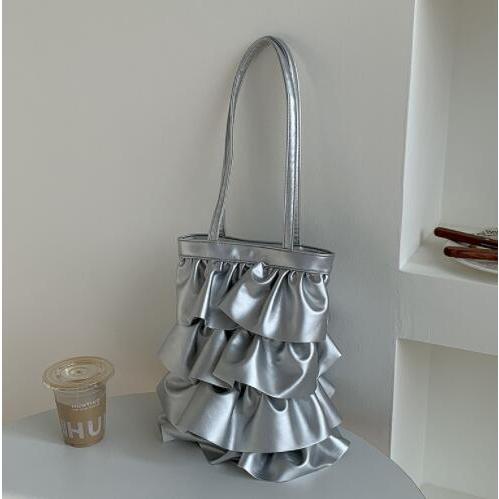 トート ショルダー バッグ ティアード フリル シルバー 韓国