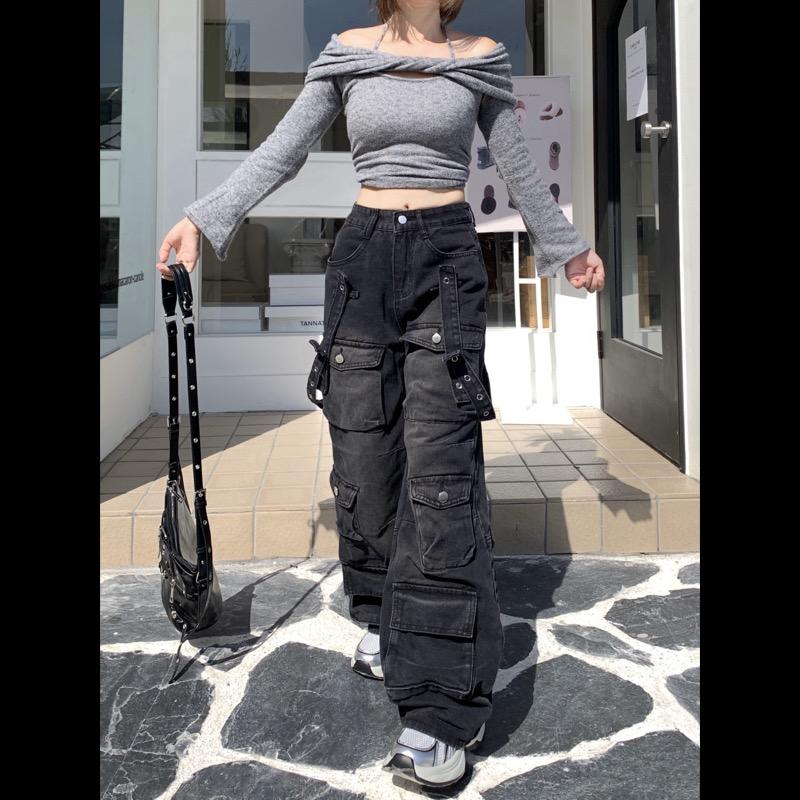 カーゴ デニム パンツ ストラップ ポケット 韓国 ストリート系 ダンス