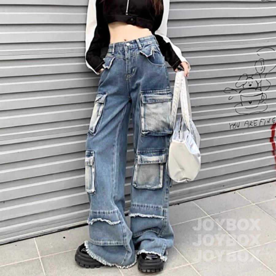 カーゴ デニム パンツ ジーンズ ポケット 韓国 ストリート系 Y2K 