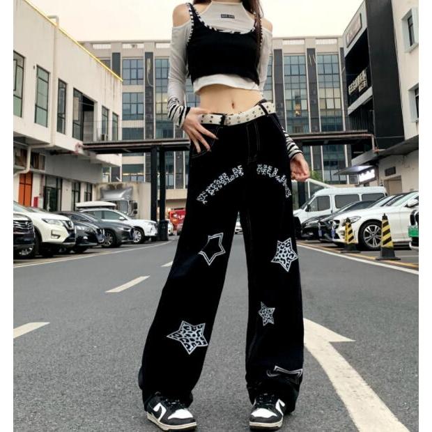 デニム パンツ 星柄 ロゴ ジーンズ 韓国 レディース ストリート デニム パンツ 星柄 ロゴ ジーンズ 韓国 レディース ストリート