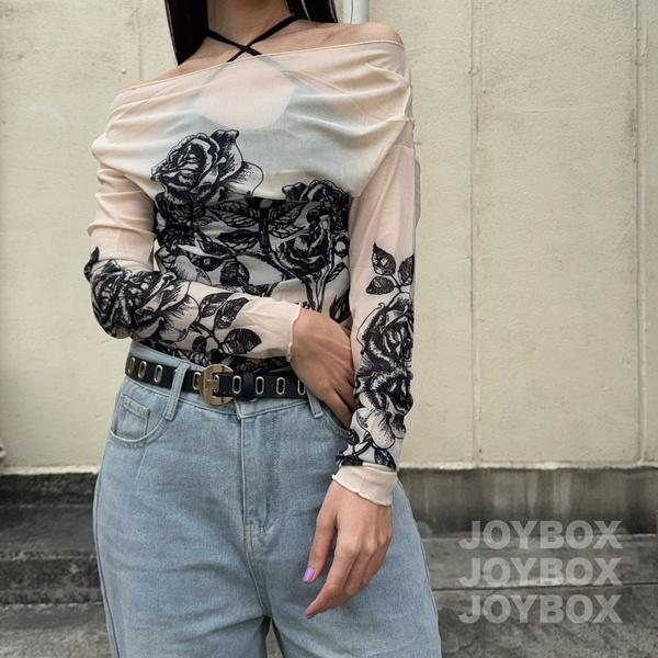 花柄 シアー オフショル 長袖 トップス ロンT Tシャツ 韓国 ストリート
