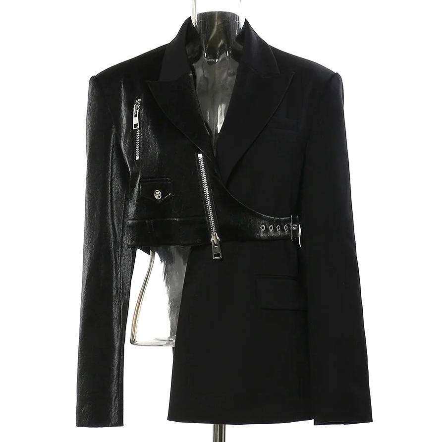 アシメ 変形 テーラード ジャケット レザー 切替 韓国 ストリート