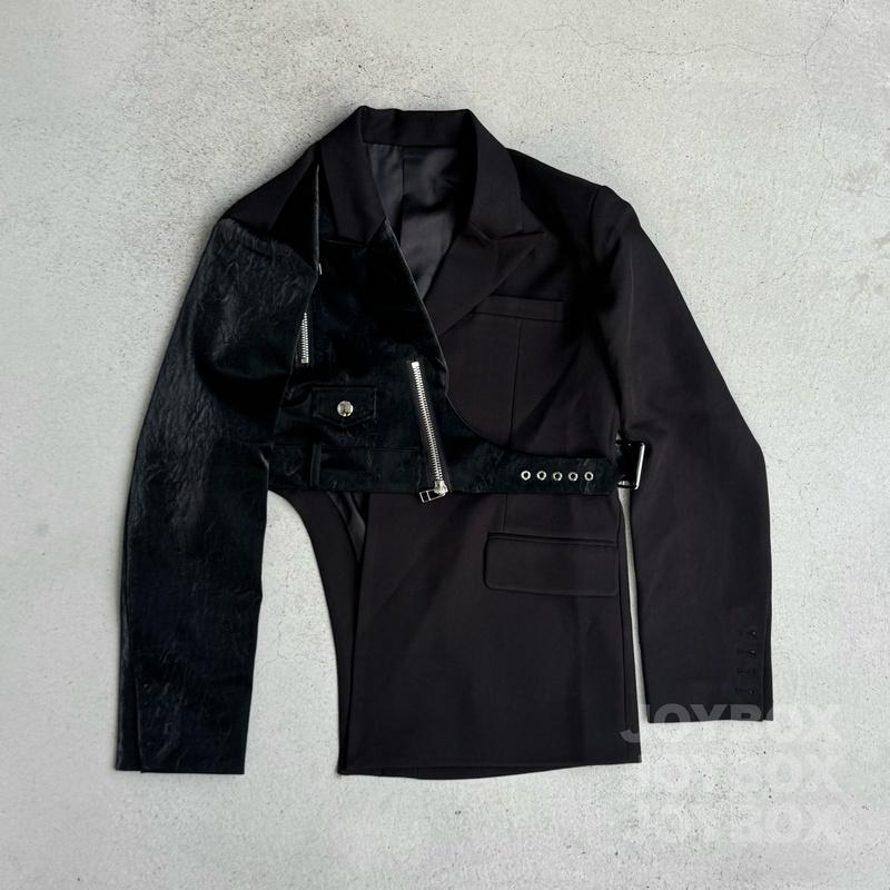 アシメ 変形 テーラード ジャケット レザー 切替 韓国 ストリート