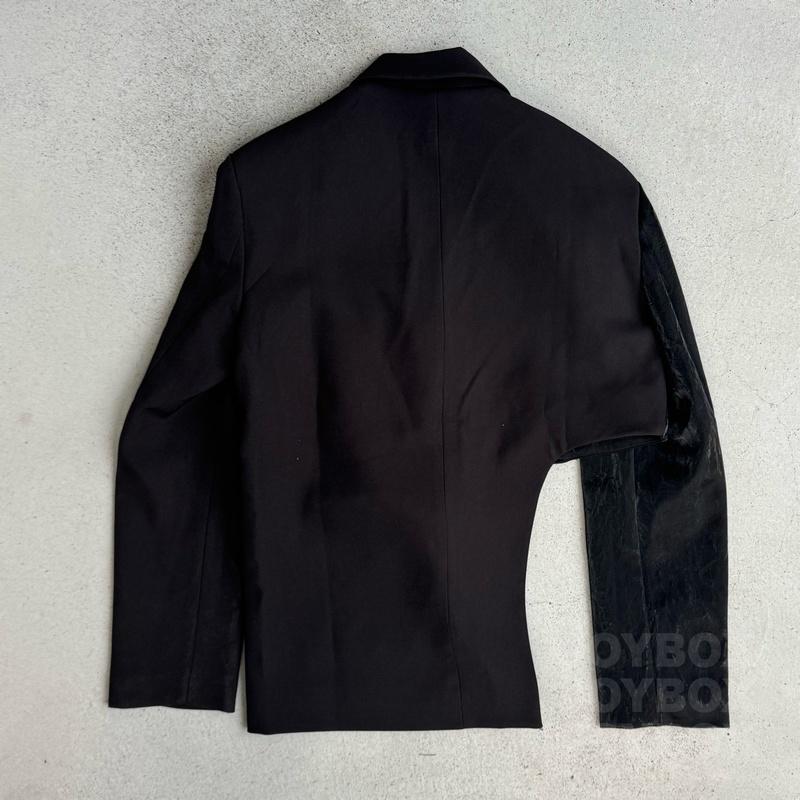 アシメ 変形 テーラード ジャケット レザー 切替 韓国 ストリート