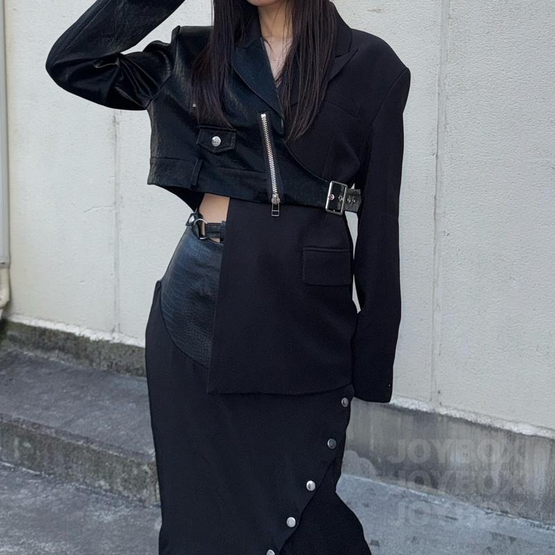 アシメ 変形 テーラード ジャケット レザー 切替 韓国 ストリート