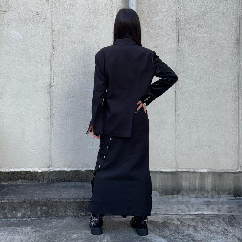 アシメ 変形 テーラード ジャケット レザー 切替 韓国 ストリート