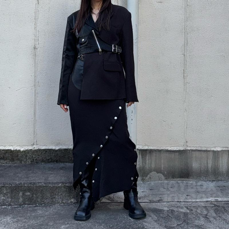 アシメ 変形 テーラード ジャケット レザー 切替 韓国 ストリート