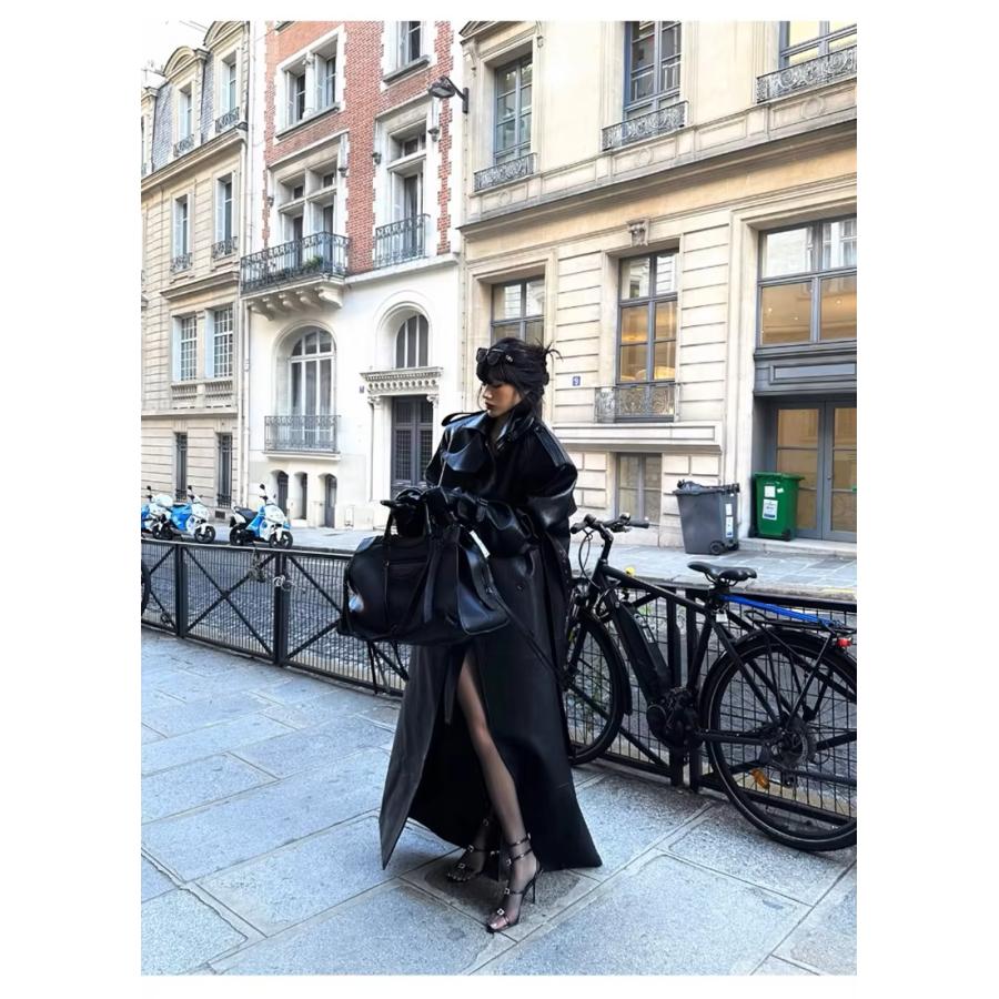 【SCD PRODUCTION】トレンチコート　冬服　コート　モード　ストリート レザー トレンチ ロング コート 黒 韓国 ストリート モード系 グランジ