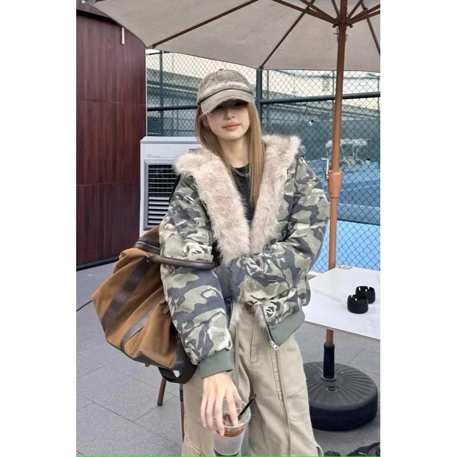 カモフラ 迷彩柄 ファー パーカー ジップアップ 韓国 ストリート カモフラ 迷彩柄 ファー パーカー ジップアップ 韓国 ストリート