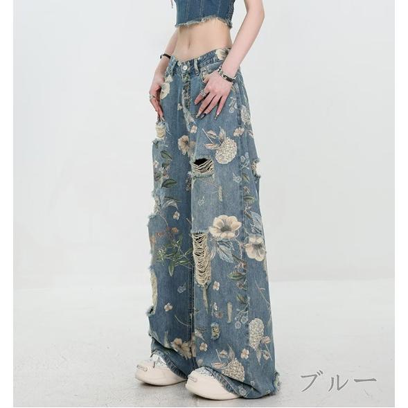 花柄 デニム パンツ ジーンズ ダメージ 韓国 レディース ファッション 