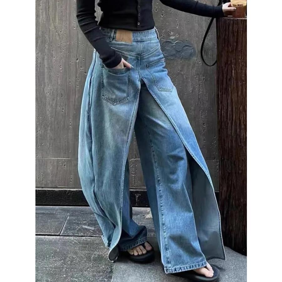 デニム パンツ 重ね着風 ジーンズ 韓国 ストリート系 モード系