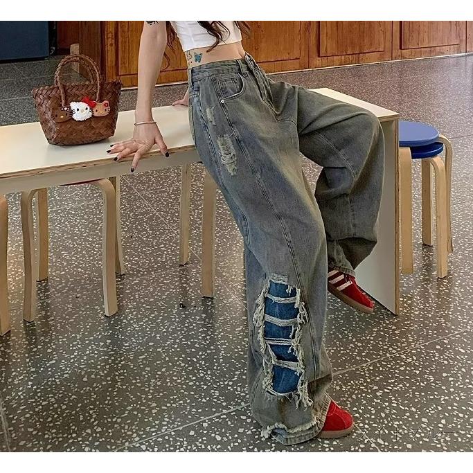 リメイク デニムパンツ y2k グランジ リメイク風 デニム パンツ ジーンズ 重ね着風 韓国 ストリート系