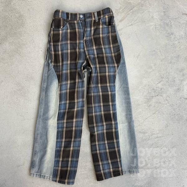 リメイク風 デニム パンツ ジーンズ 重ね着 チェック柄 韓国 
