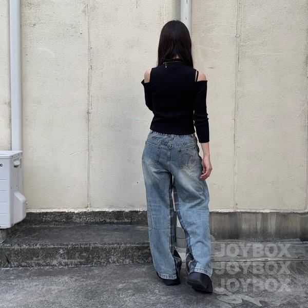 リメイク風 デニム パンツ ジーンズ 重ね着 チェック柄 韓国