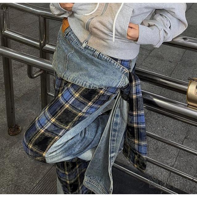 リメイク y2k グランジ hiphop パンツ リメイク風 デニム パンツ ジーンズ 重ね着風 韓国 ストリート系